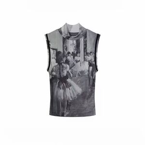 Sleeveless Ballet Print Mesh Top in Black & White